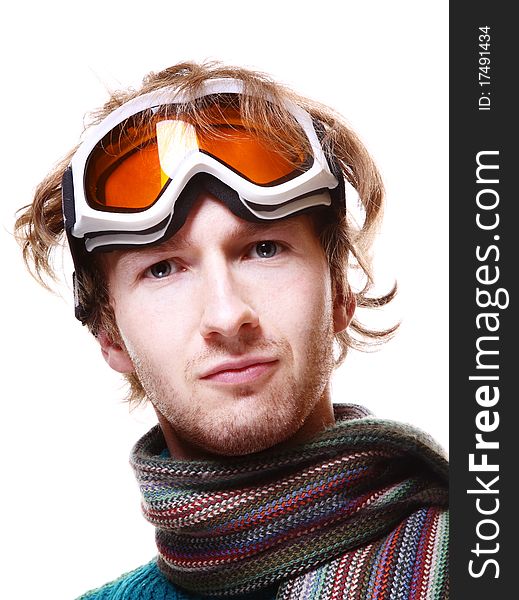 Snowboarder portrait isolated over white
