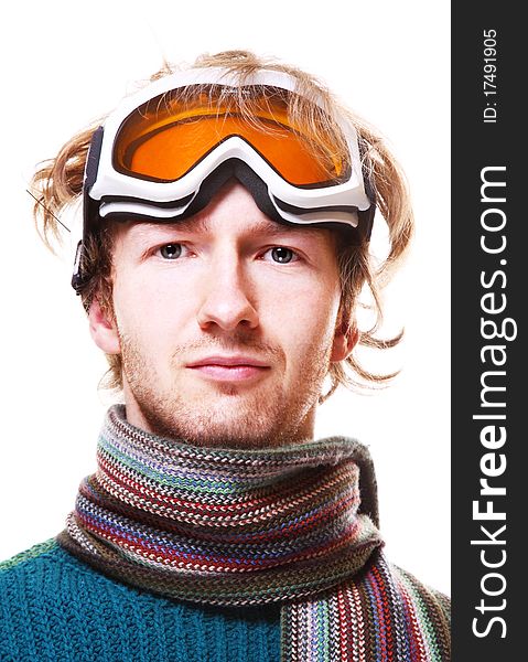 Snowboarder portrait isolated over white