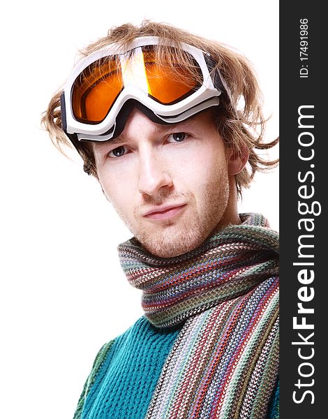 Snowboarder portrait isolated over white background