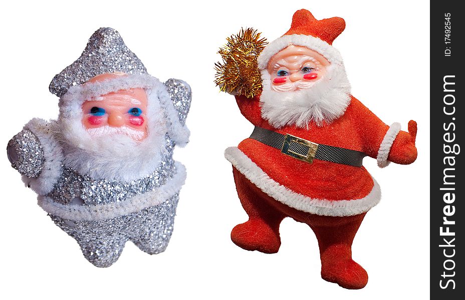 Two Santa Claus. One silver and one red. Two Santa Claus. One silver and one red
