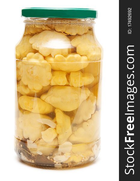 Canned scallops in a glass jar on white background