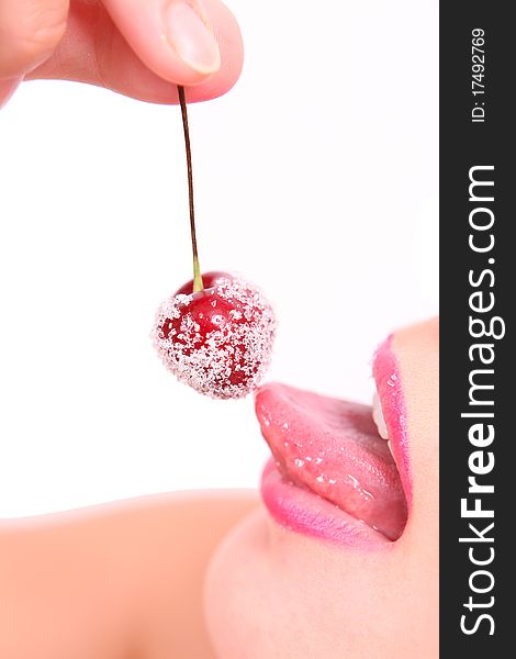 Picture of cherry, lips and tongue