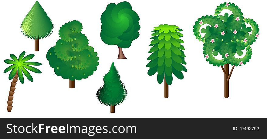A collection of seven trees.Illustration