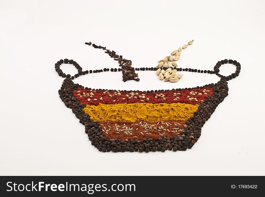 Spice bowl made of spices, peppercorns on white background. Spice bowl made of spices, peppercorns on white background