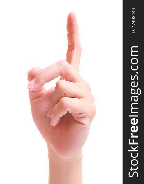 Hand simulating pressing a button or something else with index finger extended, isolated on a white background.