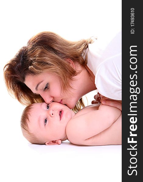 Picture of happy mother with baby over white. Picture of happy mother with baby over white