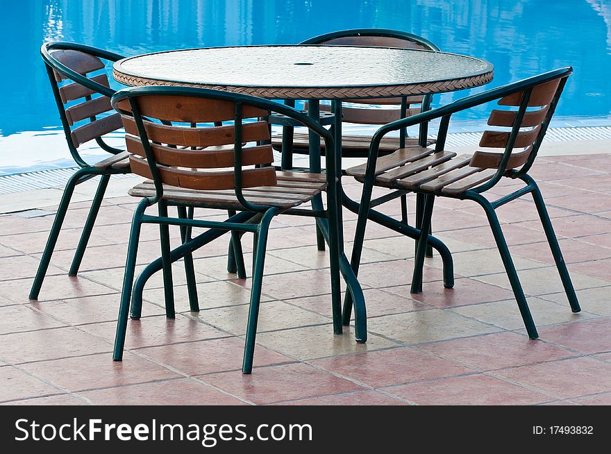 Steel handrails and stairs in the swimming pool. Steel handrails and stairs in the swimming pool