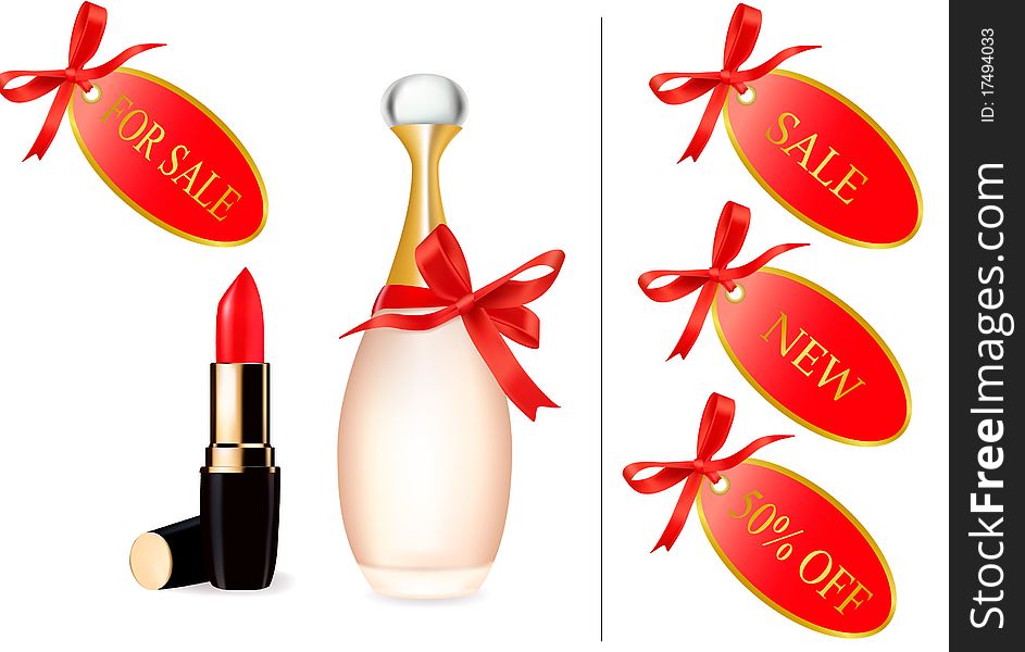 Red lipstick and perfume bottle with discount cards. Vector