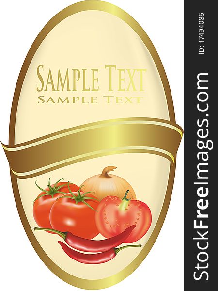 Photo-realistic vector illustration. Label with pepper, tomatoes and parsley.