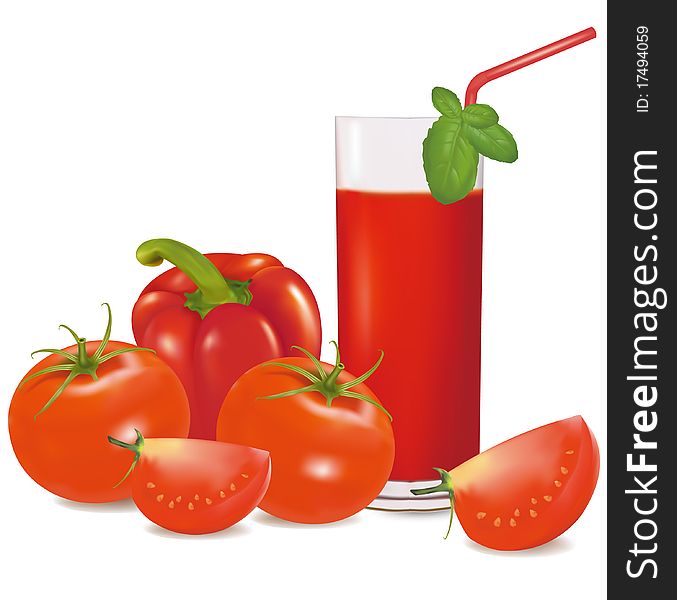 A glass of tomato juice, some tomatoes and basil.