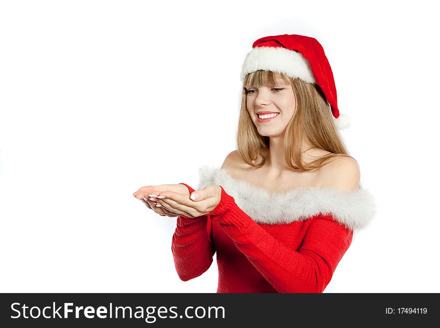 Young christmas woman holding present white background. Young christmas woman holding present white background