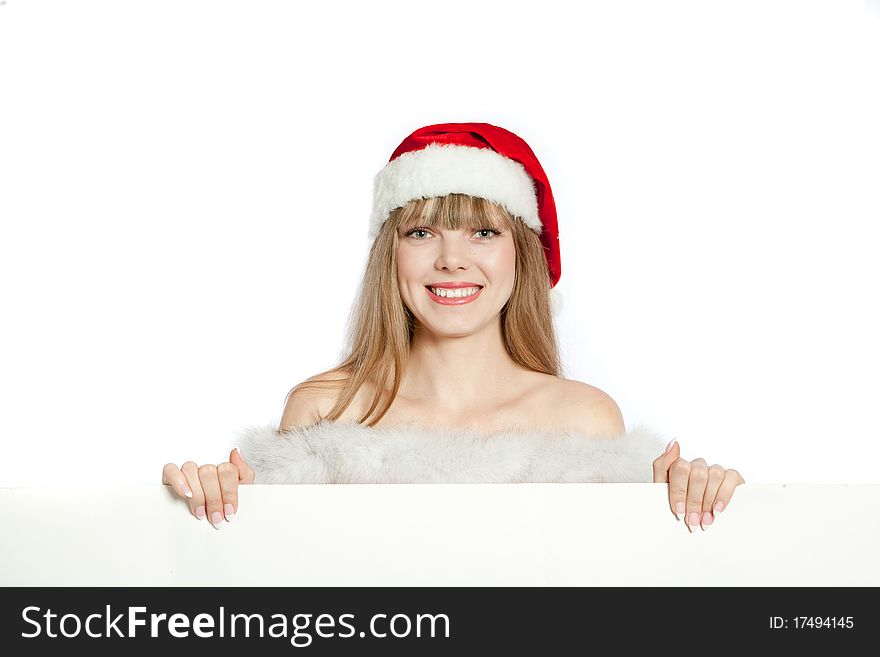 Young christmas woman holding present white background. Young christmas woman holding present white background