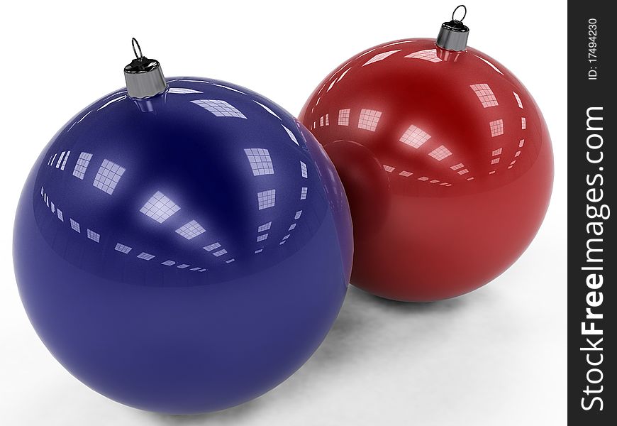 Red and blue Christmas toys in the form of beads on a white background