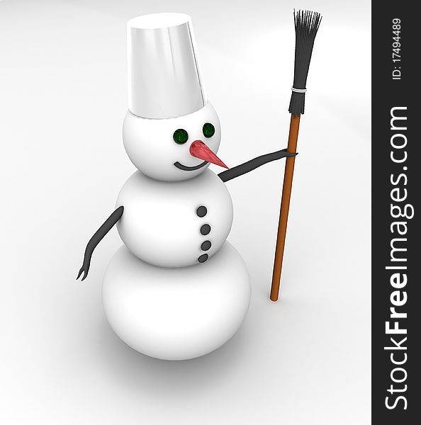 White snowman with broom on white background