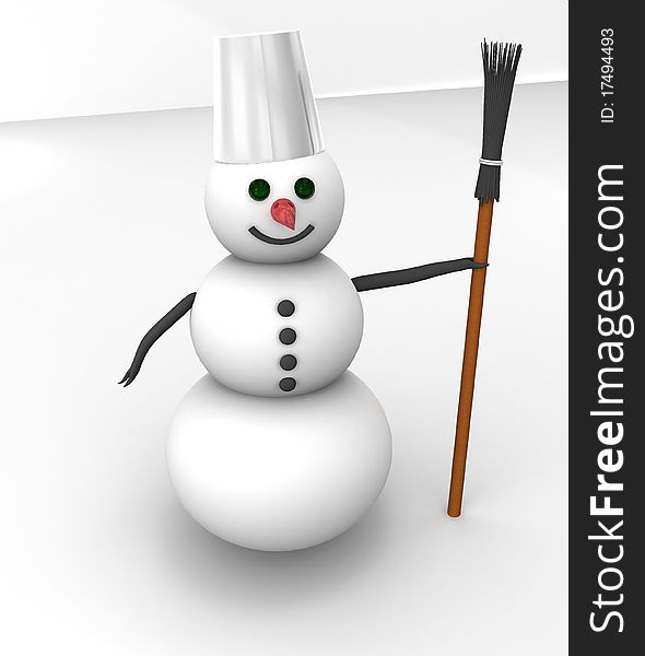 White snowman with broom on white background