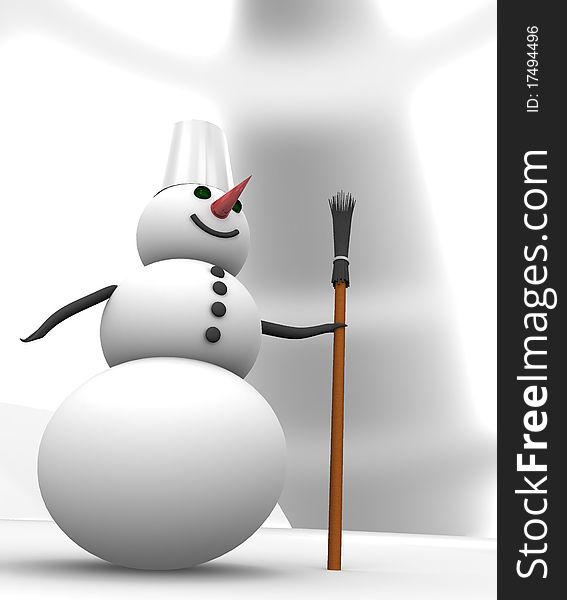 White snowman with broom on white background