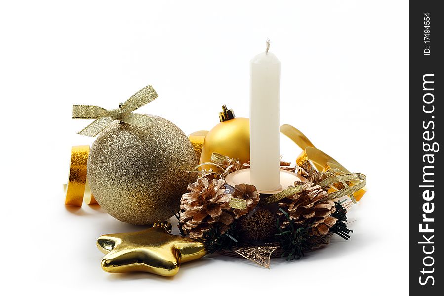 Christmas balls hanging with ribbons on white background