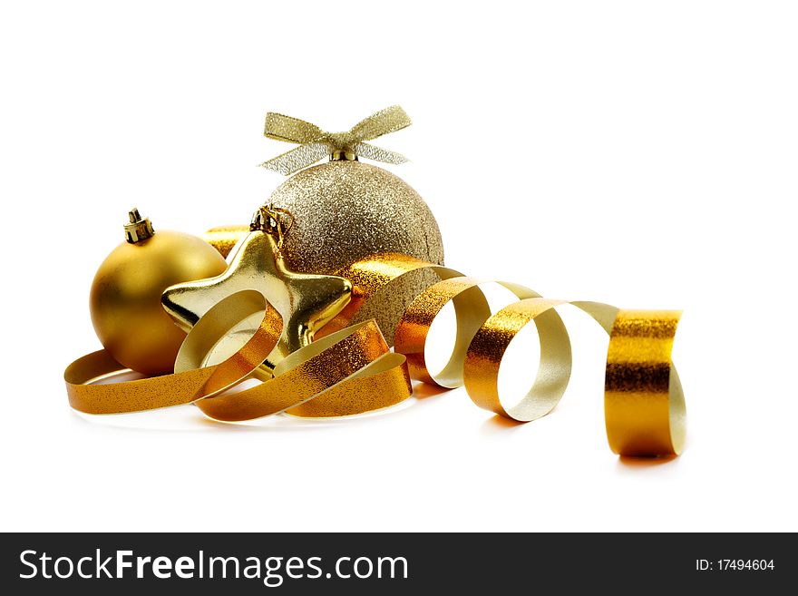 Christmas golden balls hanging with ribbons on white background. Christmas golden balls hanging with ribbons on white background