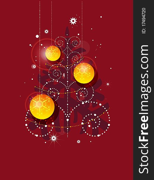 Abstract Christmas tree with orange balls on a red background. Garlands as busen. Abstract Christmas tree with orange balls on a red background. Garlands as busen.