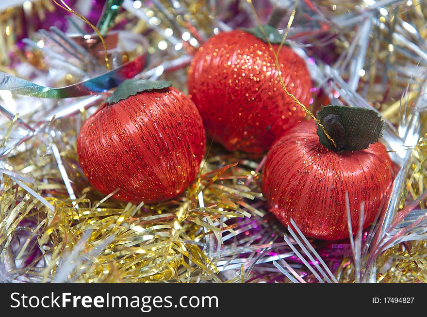 Christmas ornament with toys in shape of apples. Christmas ornament with toys in shape of apples