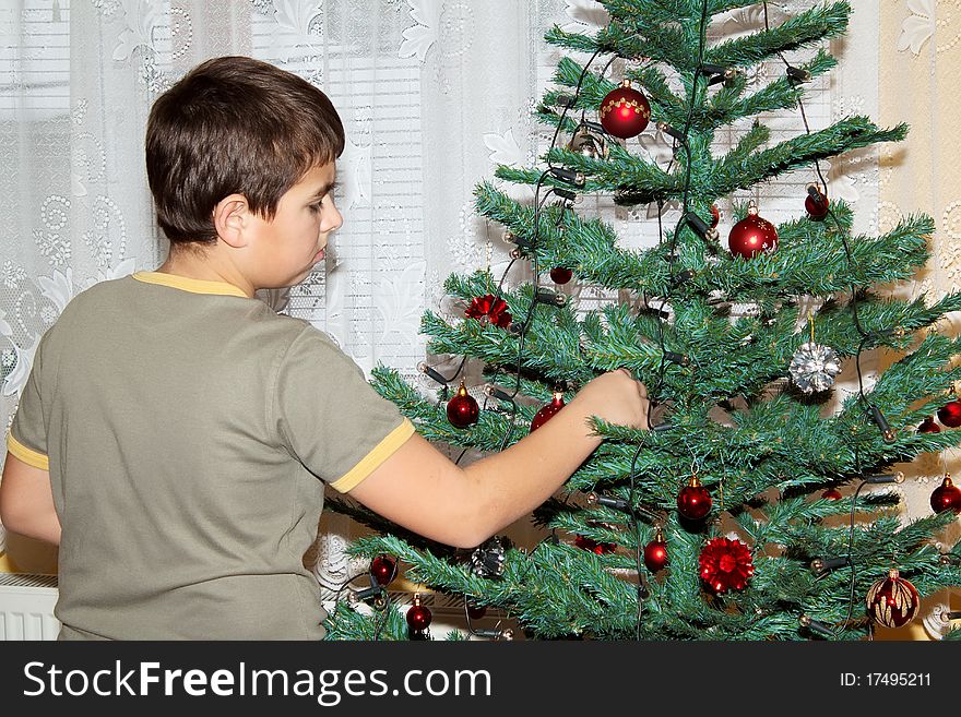 Young boy holding Christmas decorations on tree