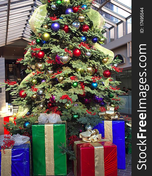 A Christmas tree display outside a mall in downtown Portland Oregon. A Christmas tree display outside a mall in downtown Portland Oregon.