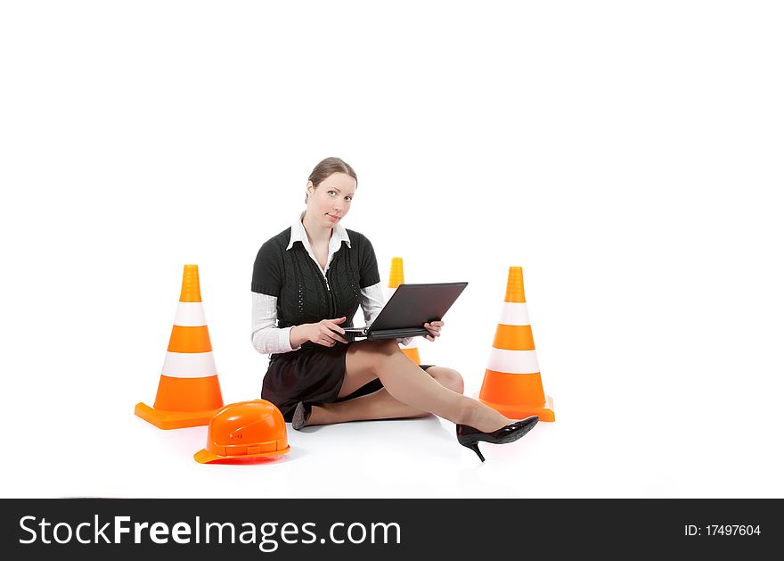 A business woman With cones over white background. A business woman With cones over white background