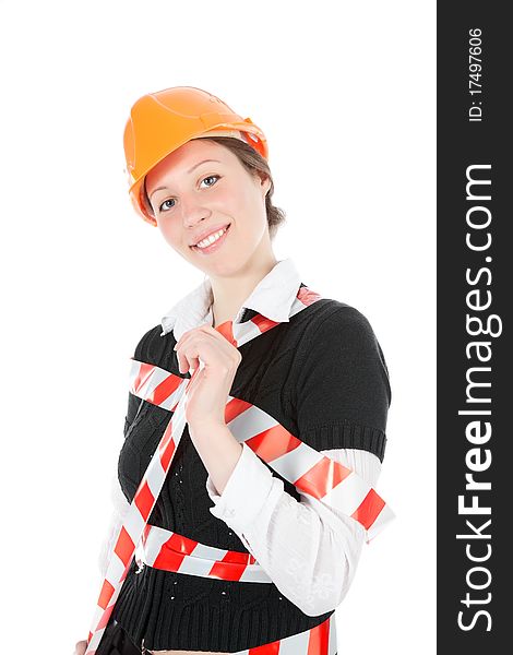 A business woman With cones over white background. A business woman With cones over white background