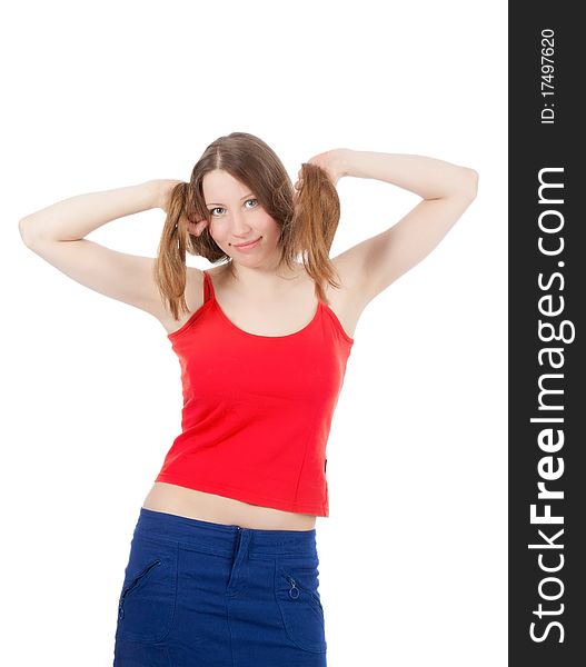 Woman legs in strip sock on white background