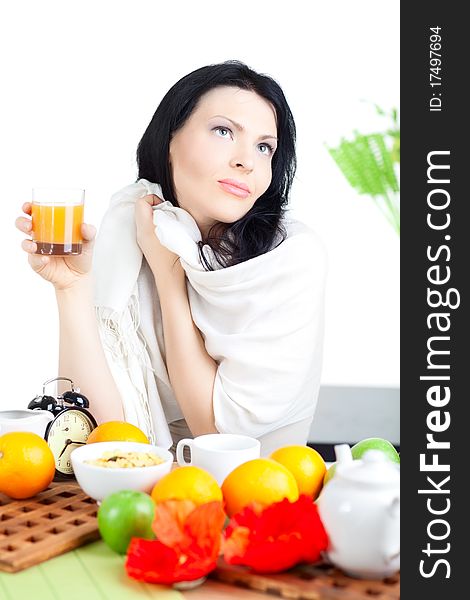 Beautiful woman  in cafe over white background