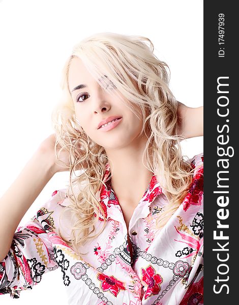 Blond model wearing a color shirt on a white background