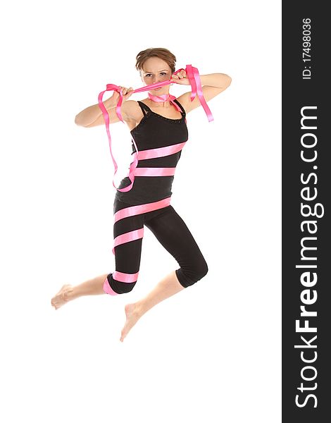 Young Woman Jumping From The Tape.