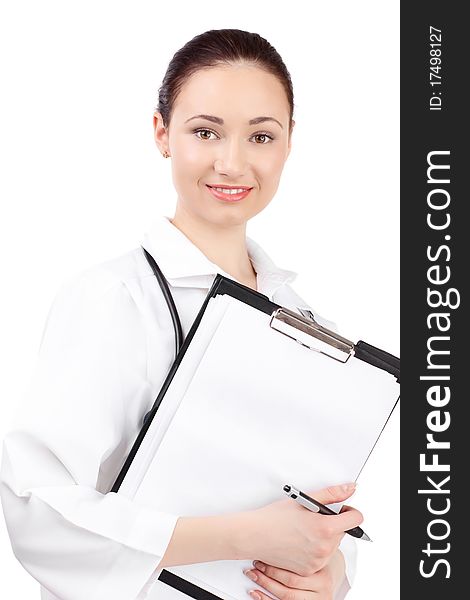 Woman doctor in uniform stay over white background