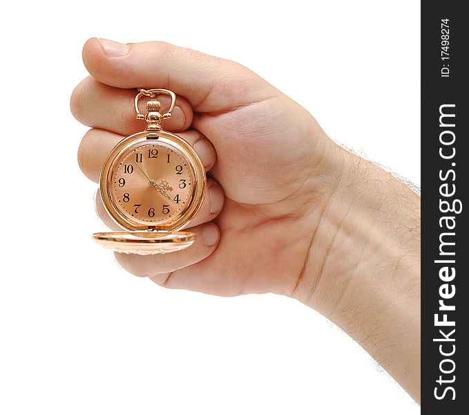 Golden Pocket Watch In Hand On White