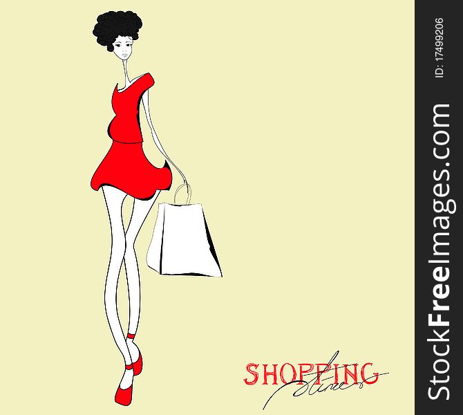 Woman with shopping bag. Universal template for greeting card, web page, background