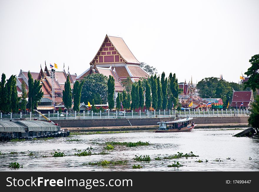 The River and temple in ayutaya province,thailand