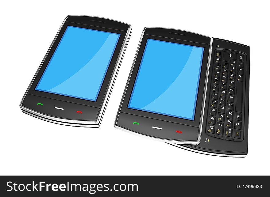 Black mobile smartphones with pen isolated on white. This is a detailed 3D render. Black mobile smartphones with pen isolated on white. This is a detailed 3D render.