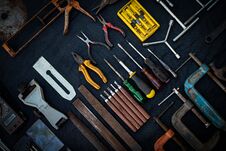 Photo Top View A Huge Set Collection Of Working Hand And Power Tools Many For The Wooden On Isolated Black Background Stock Photo