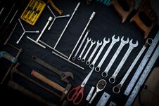 Photo Top View A Huge Set Collection Of Working Hand And Power Tools Many For The Wooden On Isolated Black Background Stock Photos
