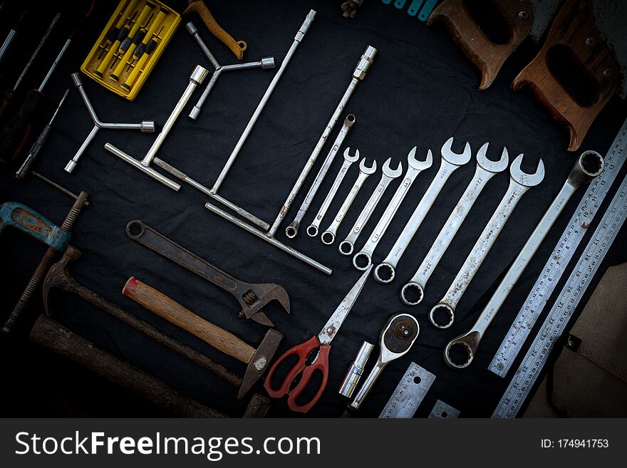 Photo Top View A Huge Set Collection Of Working Hand And Power Tools Many For The Wooden On Isolated Black Background