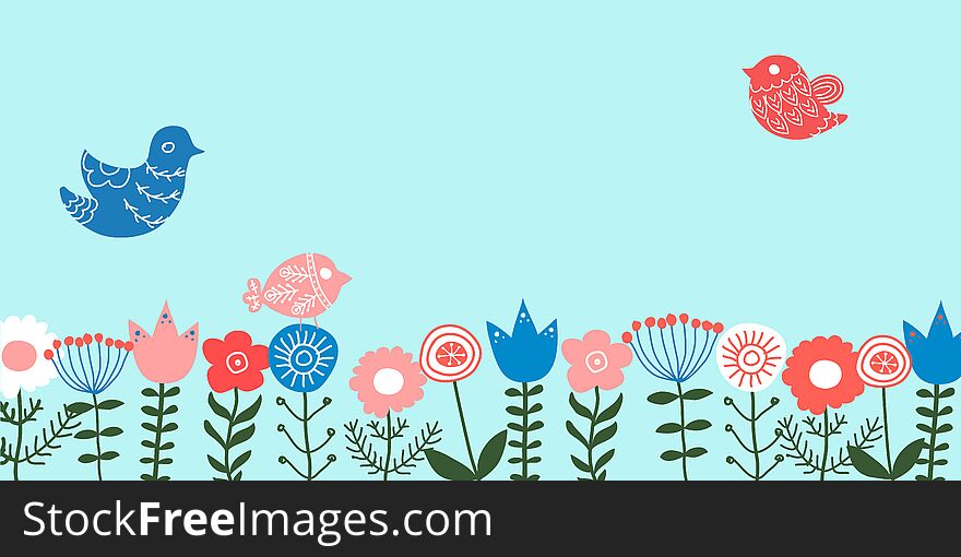 Colorful vector ethnic hand drawn spring background with flowers and birds.