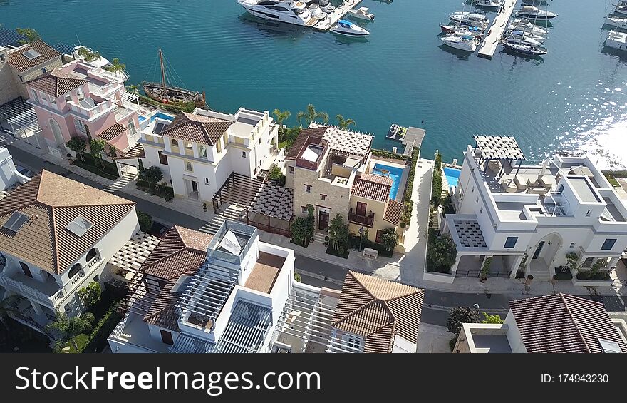 Aerial view of the new houses in marina, Limassol, Cyprus 2019.