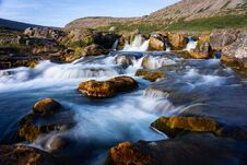 Iceland Waterfall Closeup View Of The Gods Cliff With Long Exposure Smooth Motion Of Water In Summer Landscape Stock Photo