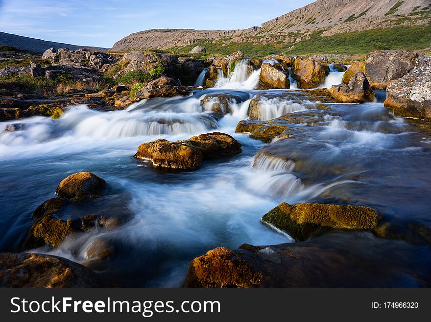 Iceland Waterfall Closeup View Of The Gods Cliff With Long Exposure Smooth Motion Of Water In Summer Landscape