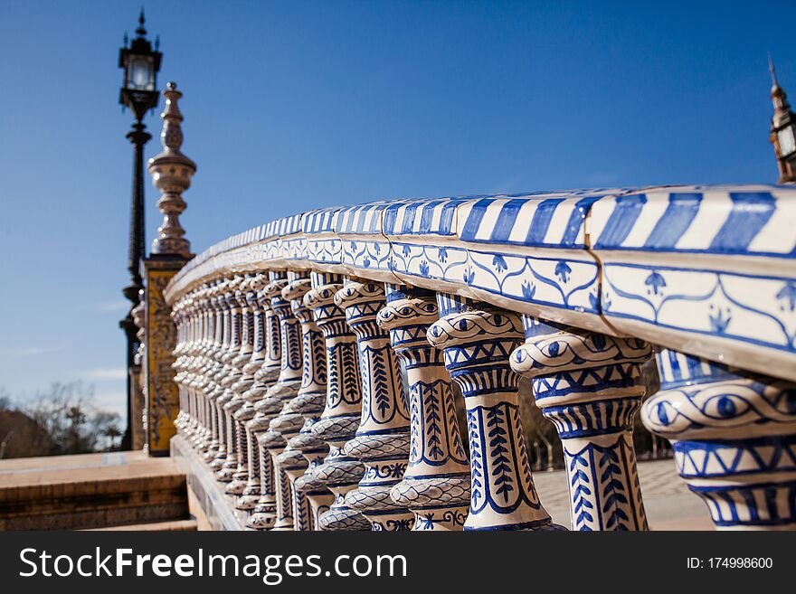 Azulejos Or Ceramic Art In Seville, Spain. Spanish Square Plaza De Espana