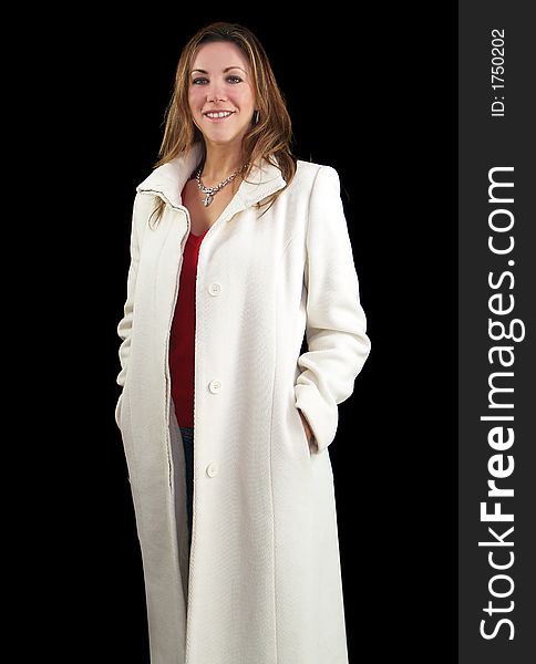 Lady in white successful businesswoman with top coat