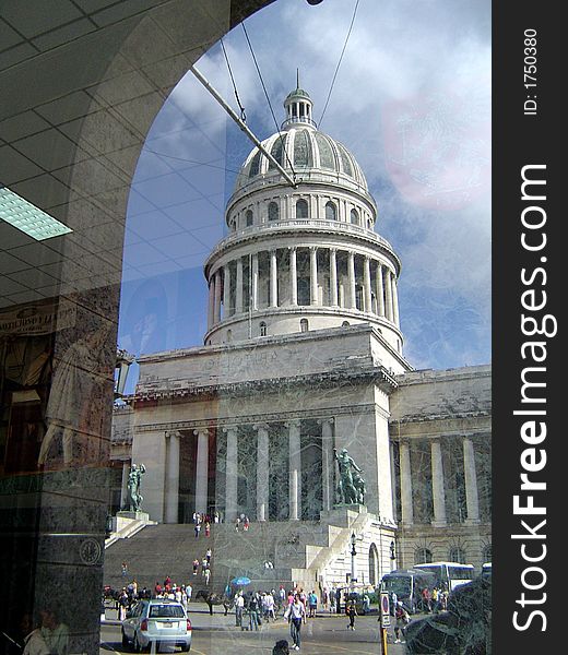 Image of Havana Capitol reflexed on an stained glass window