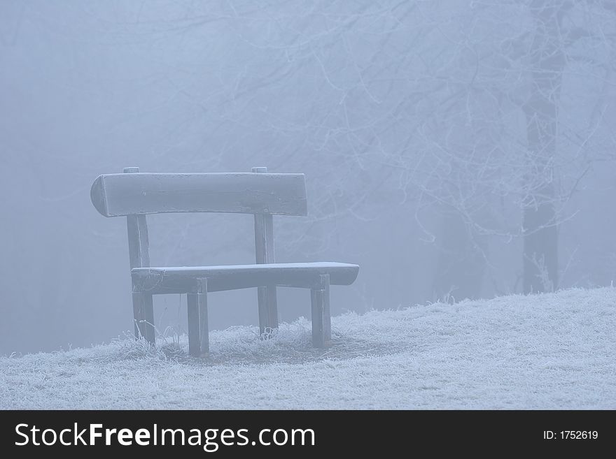 A bench and the hoarfrost-covered grass on an ice foggy day. A bench and the hoarfrost-covered grass on an ice foggy day