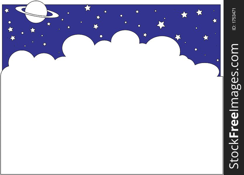 (Hand drawn) illustration of clouds hanging in a star studded sky accented with Saturn. (Hand drawn) illustration of clouds hanging in a star studded sky accented with Saturn.