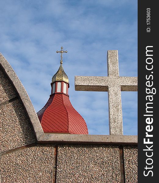 Orthodox Church's Red Roof Holy Cross upon cupola. Orthodox Church's Red Roof Holy Cross upon cupola